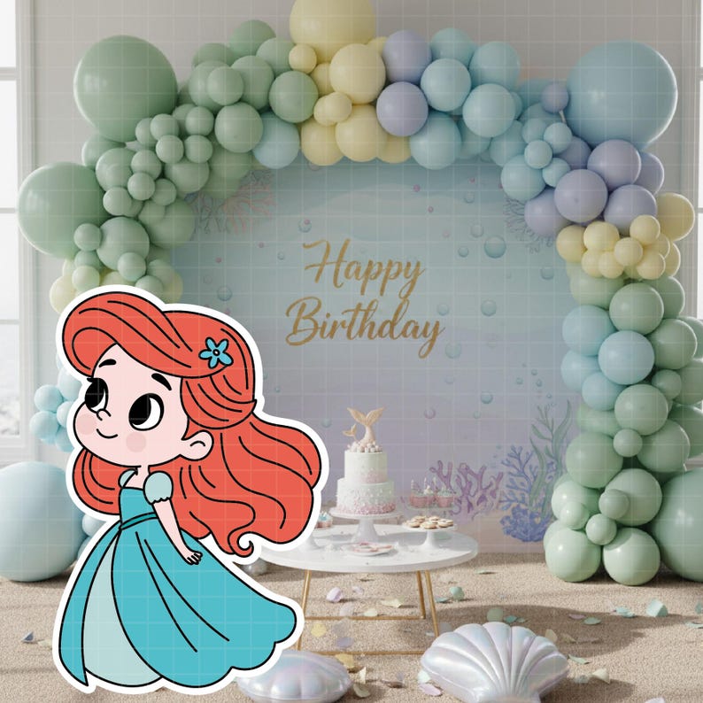 May include: A cartoon illustration of a princess with red hair and a blue dress. The princess is in front of a backdrop with a "Happy Birthday" message and a balloon arch in pastel colors. A cake and seashell decorations are also present.