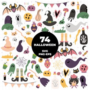 Puede incluir: Un conjunto de 74 imágenes digitales de clipart de Halloween en formato SVG, PNG y EPS. Las imágenes presentan una variedad de personajes espeluznantes y adorables, incluyendo fantasmas, murciélagos, brujas, calabazas y maíz dulce. Las imágenes son perfectas para crear manualidades, decoraciones y artículos para fiestas con temática de Halloween.