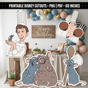 May include: Printable Disney cutout decorations featuring characters from the movie Ratatouille. The cutouts include the chef, Remy the rat, and other characters. The text at the top says "PRINTABLE DISNEY CUTOUTS - PNG | PDF - 60 INCHES".