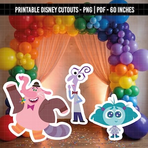 Puede incluir: Arco de globos de colores con un arcoíris de colores y tres recortes de personajes de la película Del revés. El texto en la parte superior dice "Printable Disney Cutouts - PNG | PDF - 152 cm."