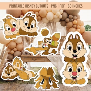 Pode incluir: Uma coleção de recortes imprimíveis da Disney com os personagens Tico e Teco. Os recortes estão em várias poses, com cores marrons e bege. O texto na parte superior diz "PRINTABLE DISNEY CUTOUTS - PNG | PDF - 152 cm".