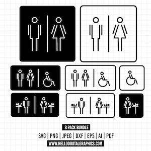 1241 - Bathroom icons SVG, EPS, PNG - Restroom Symbol Clipart Vector. Toilet svg, Minimal Outline Bathroom icons vectorized