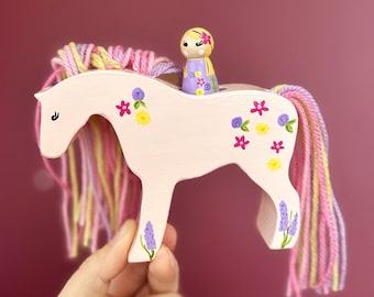 Spring Flower Horse and Peg Doll | Wooden Yarn Hair Horse