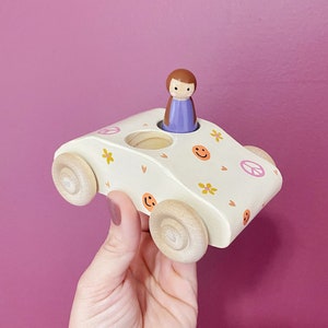 Peace Wooden Peg Doll Car 70s Vibe image 1