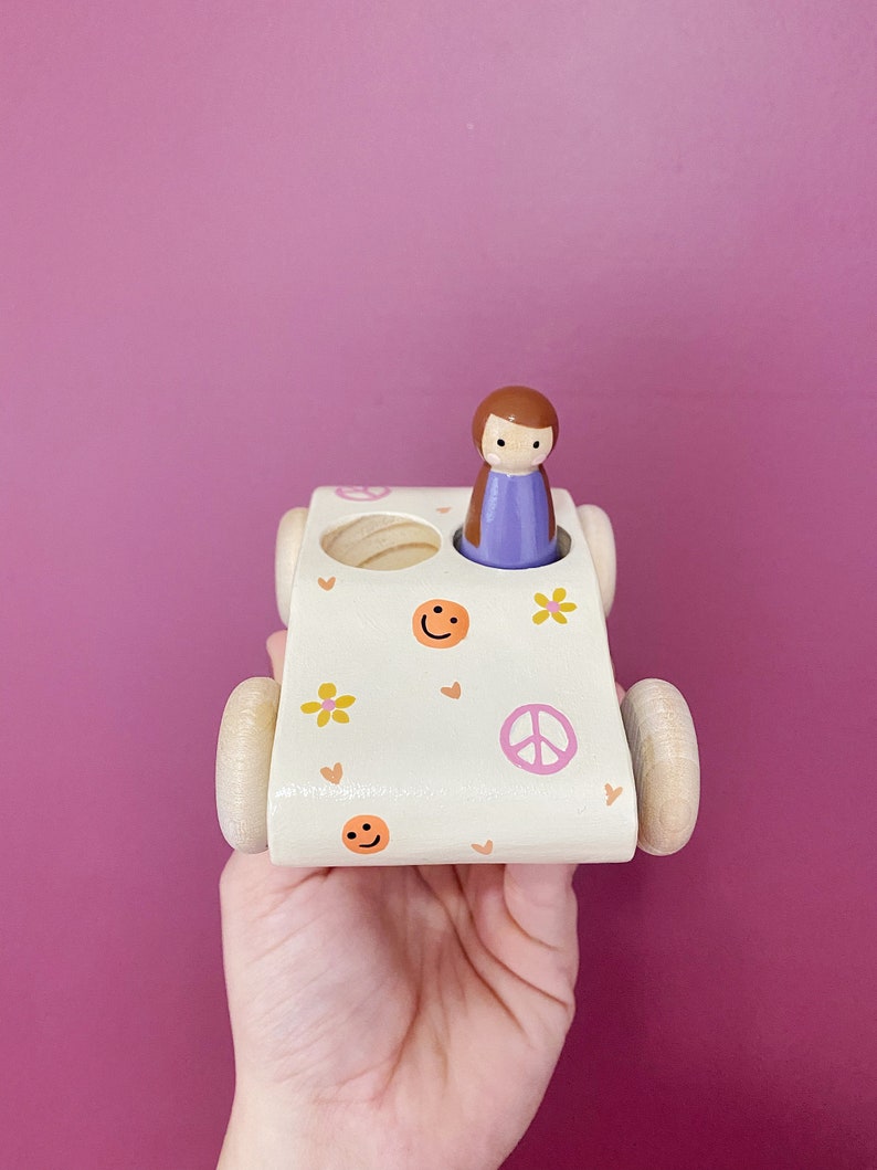 Peace Wooden Peg Doll Car 70s Vibe image 2