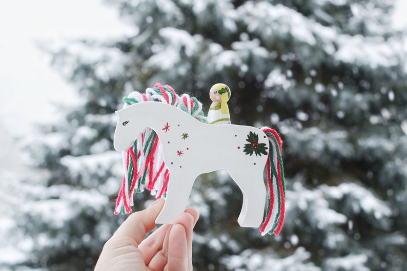 Holly Christmas Horse and Girl Wooden Peg Doll Horse image 2