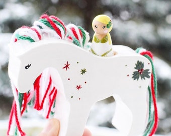 Holly Christmas Horse and Girl | Wooden Peg Doll Horse