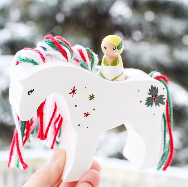 Holly Christmas Horse and Girl Wooden Peg Doll Horse image 1