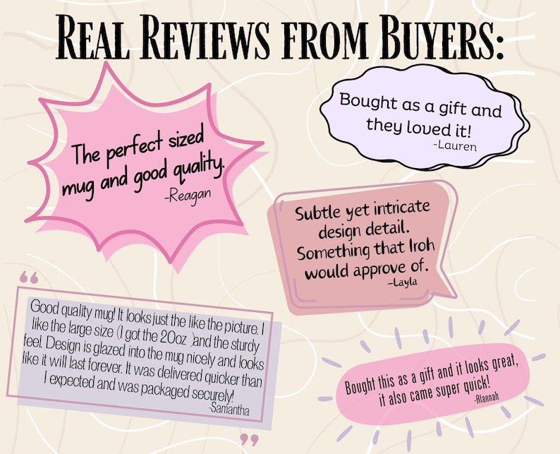 May include: Image featuring customer reviews in speech bubbles. The reviews praise the mug's quality, size, and design. One review mentions a 20oz mug. The text includes phrases like "good quality," "perfect sized," and "bought as a gift."