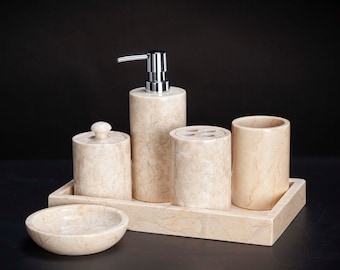 6 Piece Marble Bathroom Accessory Set Cream