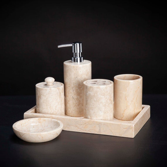 6 Piece Marble Bathroom Accessory Set Cream Etsy