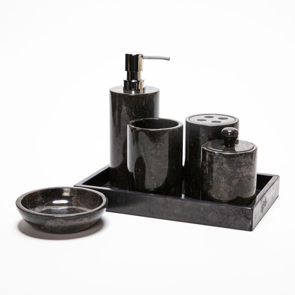 CTG Set 3 Accessori Bagno In Finto Marmo Bianco - Dispenser, Portasapone E Portaspazzolino