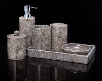 6 Piece Marble Bathroom Accessory Set Light Gray