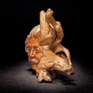 May include: A wooden sculpture of a man's face carved into a tree root. The sculpture is made of natural wood and has a rustic, organic look.