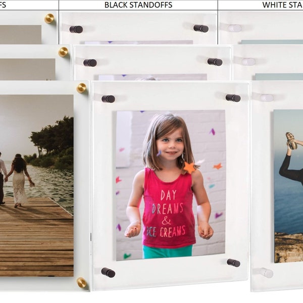 3 Pack Clear Acrylic Wall Mount Floating Frameless Picture Frames: Double Panel Display with Gold/Black/White Metal Standoffs (16 Sizes)