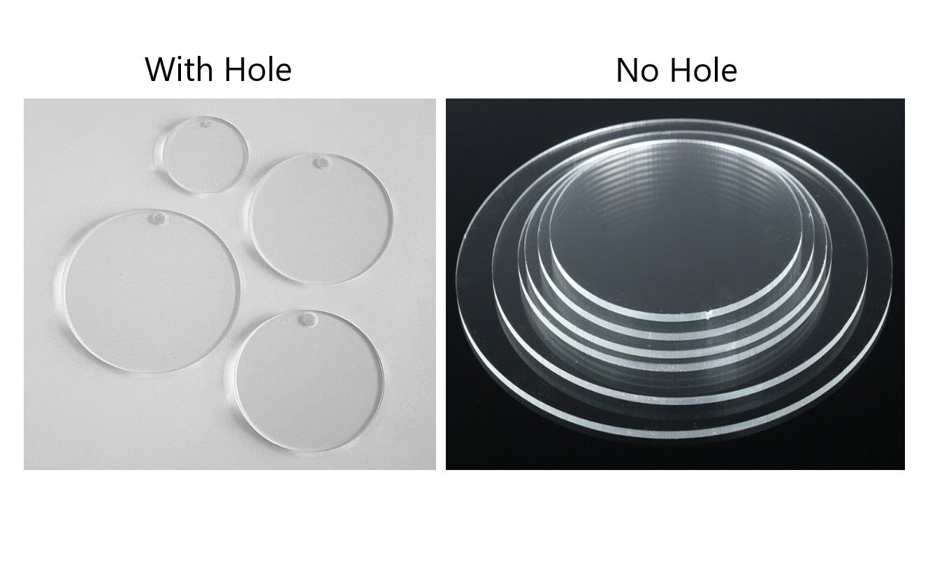 Acrylic Blanks, clear round circle discs for keychains, ornaments and more,  choose your size, with hole or no hole 1.5