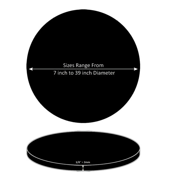 Un disque rond vierge en acrylique noir découpé au laser : cercle en plexiglas à bords lisses de 3 mm (1/8 po.) d'épaisseur