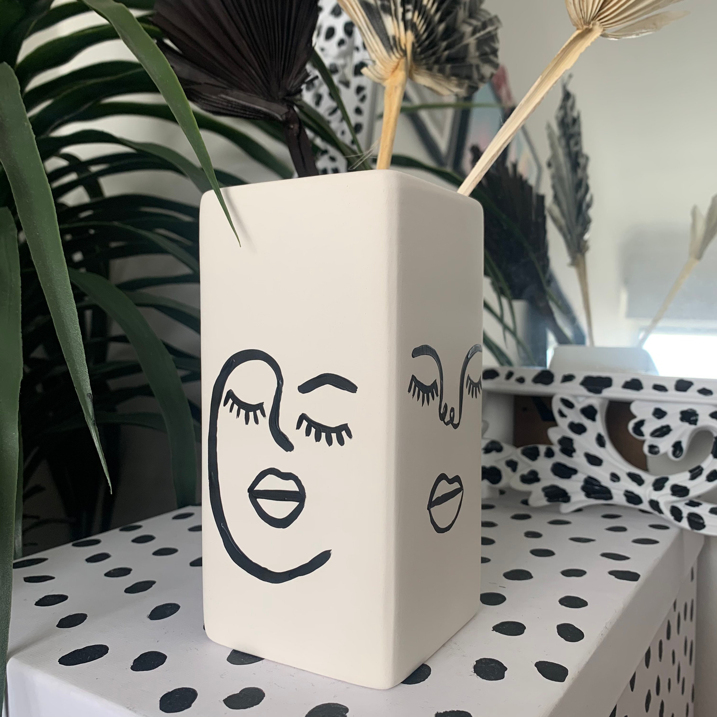 Hand Painted Abstract Face Vase Unglazed Ceramic Line Art Etsy