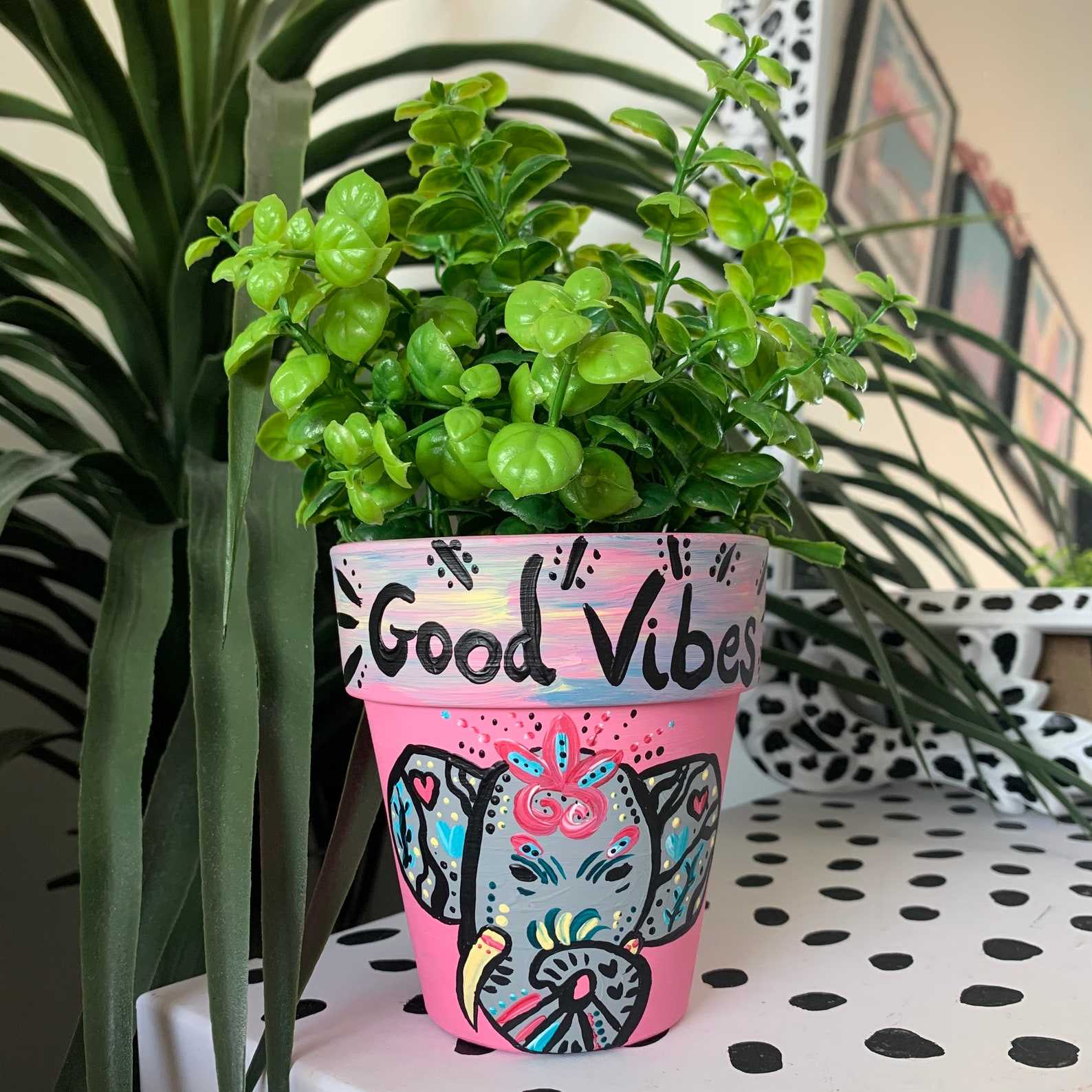 Hand Painted Elephant Plant Pot Good Vibes Boho Pot Etsy UK
