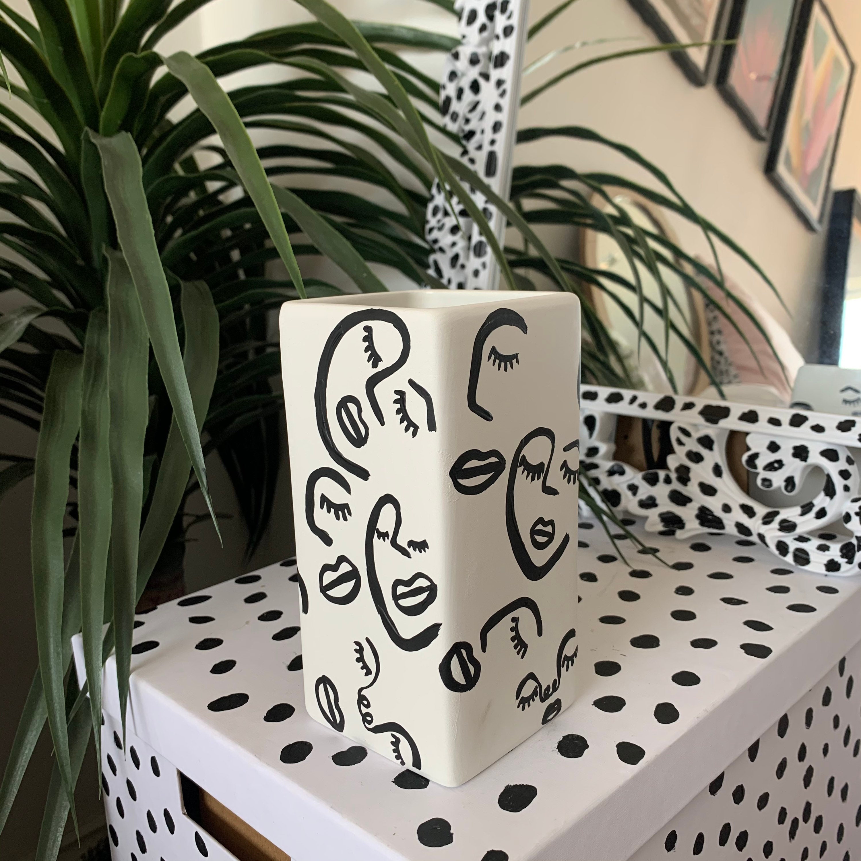 Hand Painted Abstract Face Vase Unglazed Ceramic Line Art Etsy