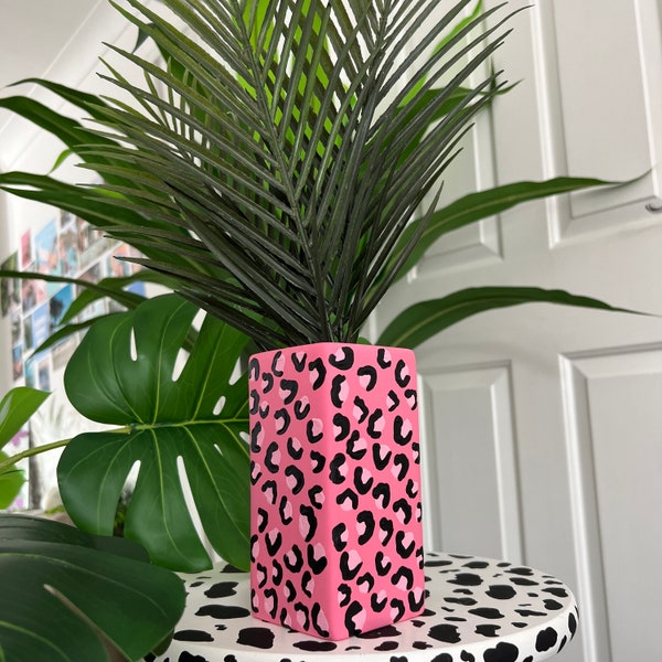 Pink Leopard Print Vase Ceramic Hand Painted Flower Quirky Home Decor