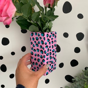 Hand Painted Pink and Blue Leopard Print Ceramic Vase