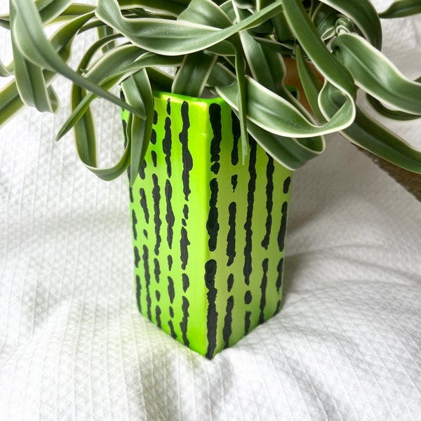 Hand Painted Metallic Green and Black Cactus Ceramic Vase