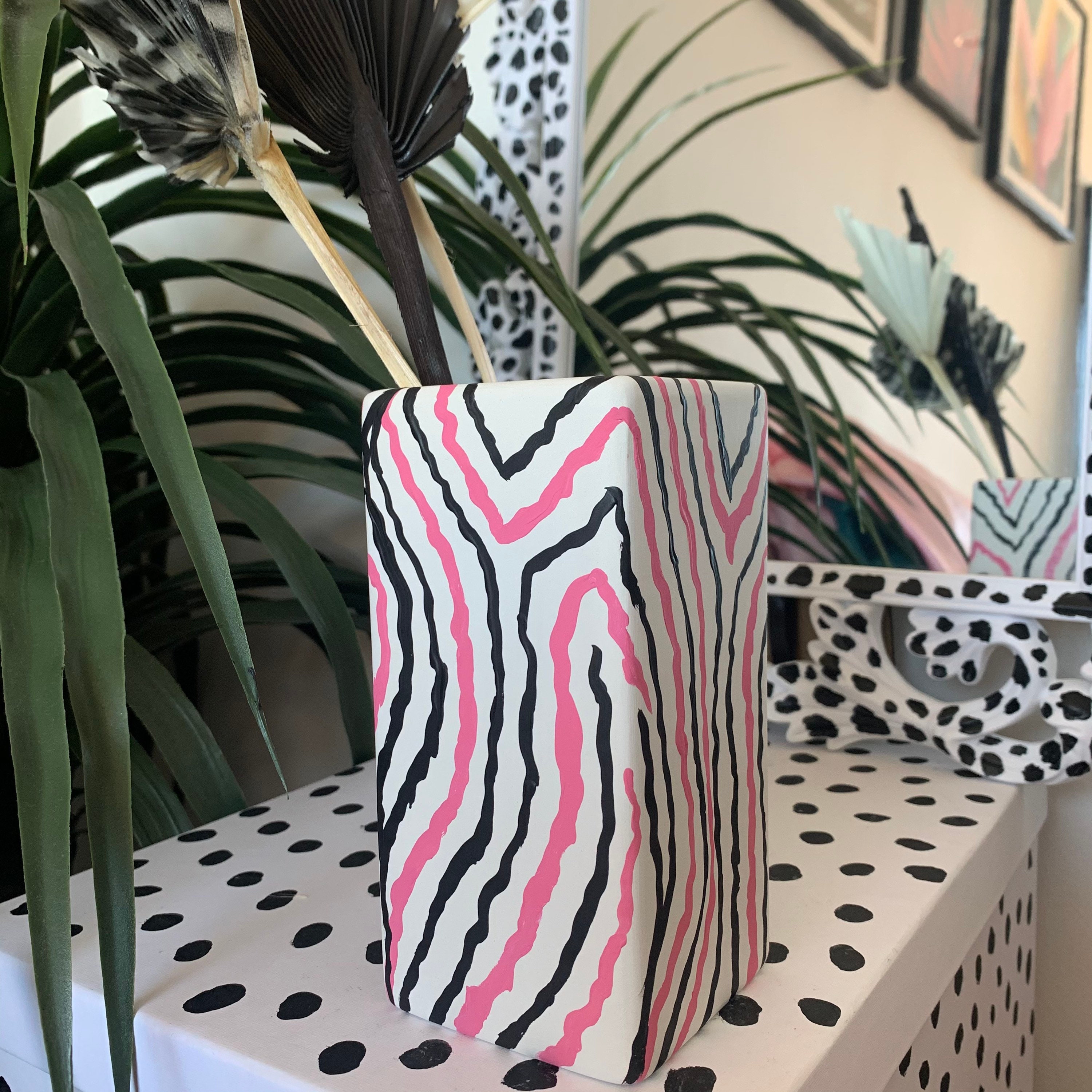 Hand Painted Zebra Print Vase Unglazed Ceramic Vase Pink Etsy