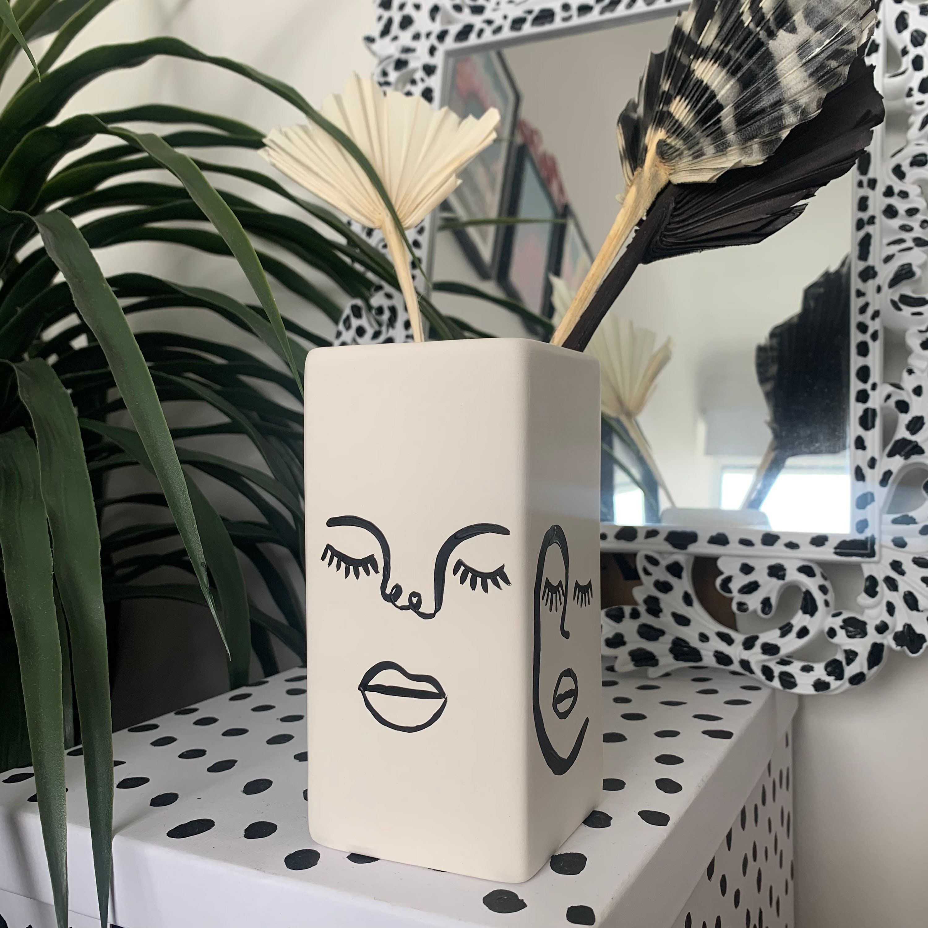 Hand Painted Abstract Face Vase Unglazed Ceramic Line Art Etsy