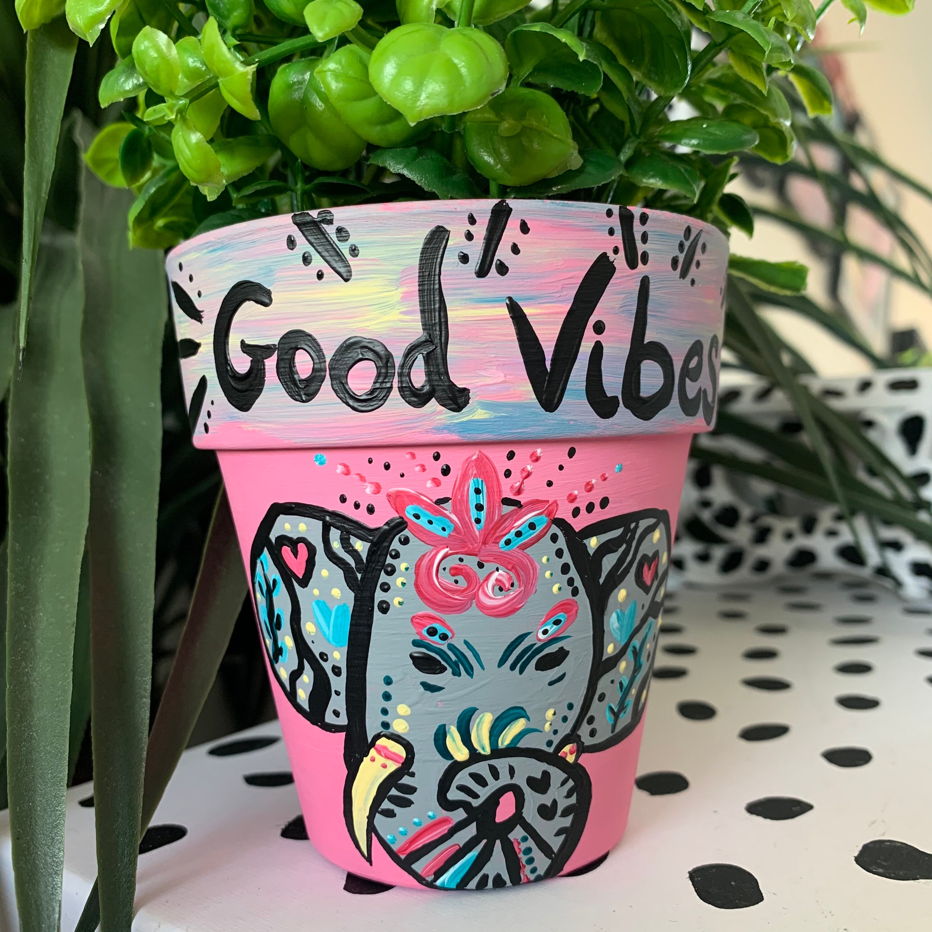 Hand Painted Elephant Plant Pot Good Vibes Boho Pot Etsy UK