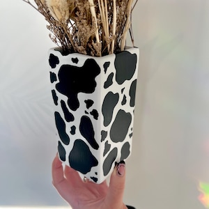 Cow Print Vase Ceremic Flower Hand Painted Cowgirl Black and White Home Decor