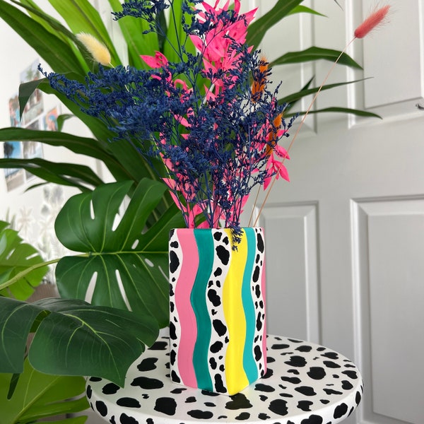 Hand Painted Colourful Wavy Abstract Ceramic Vase Square Flower Vase Quirky Home Decor