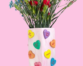 Candy Hearts Ceramic Vase Pastel Colourful Valentines Flowers Gift Handmade
