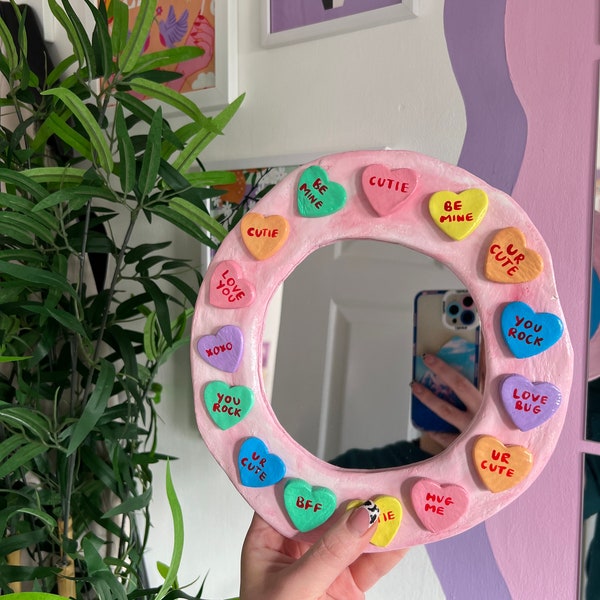 Pink Candy Hearts Mirror Wall Decor Quirky Colourful Home Pastel