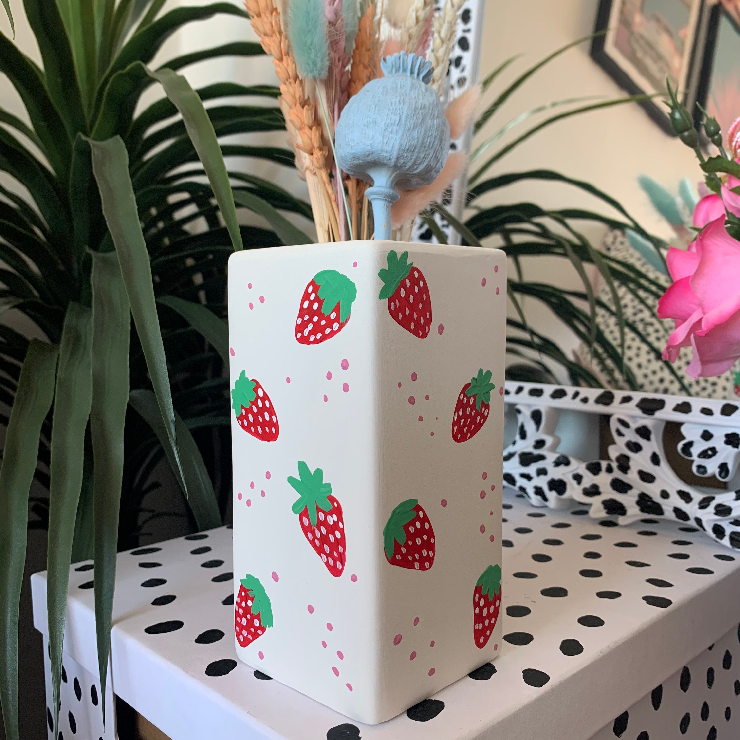 Hand Pained Strawberry Vase unglazed ceramic Flower Vase Etsy