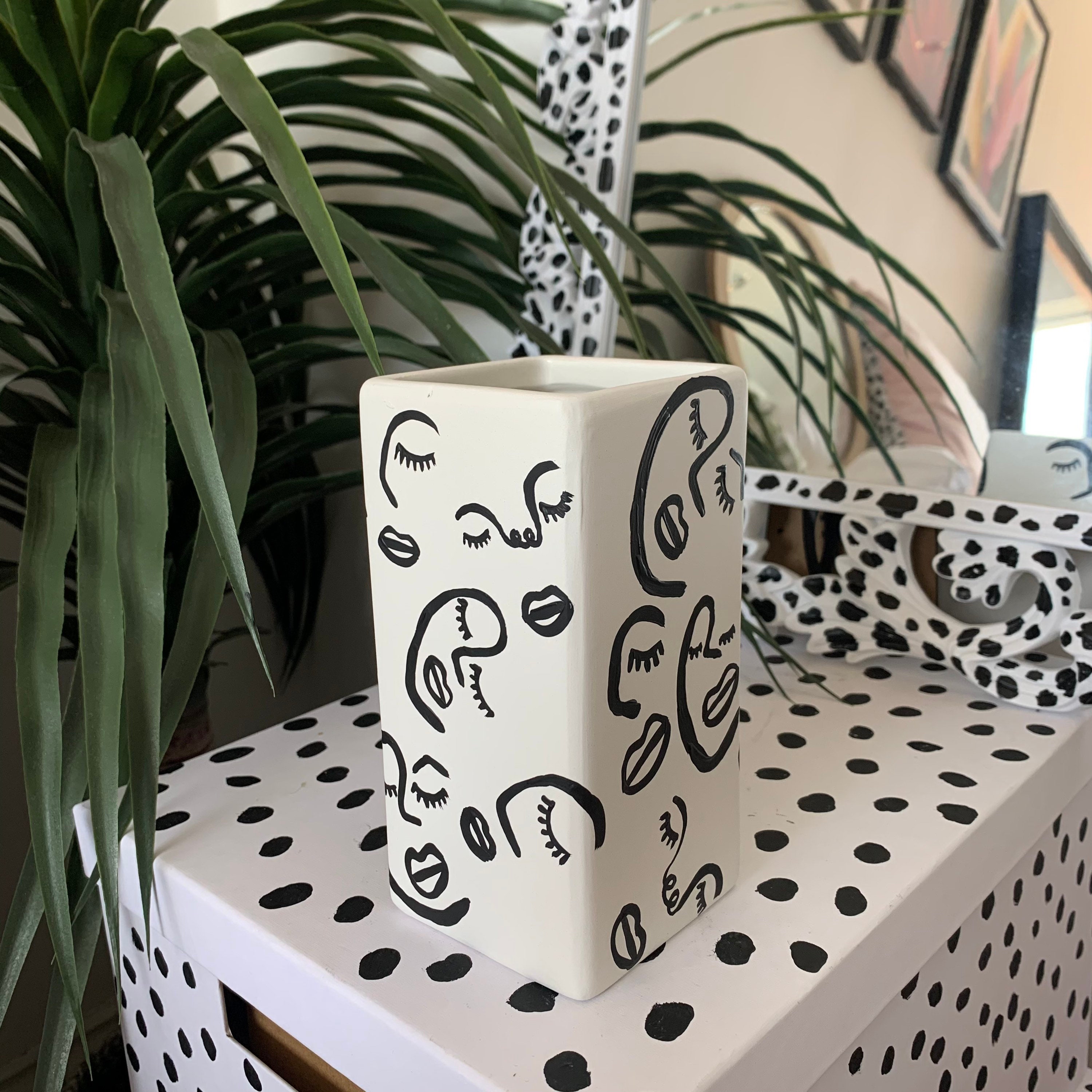 Hand Painted Abstract Face Vase Unglazed Ceramic Line Art Etsy UK