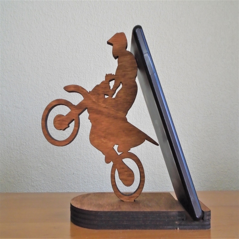 Motor Cross scrambling sports teenagers phone holder free standing kids adults phone accessory gift Dirt bike wooden mobile phone stand