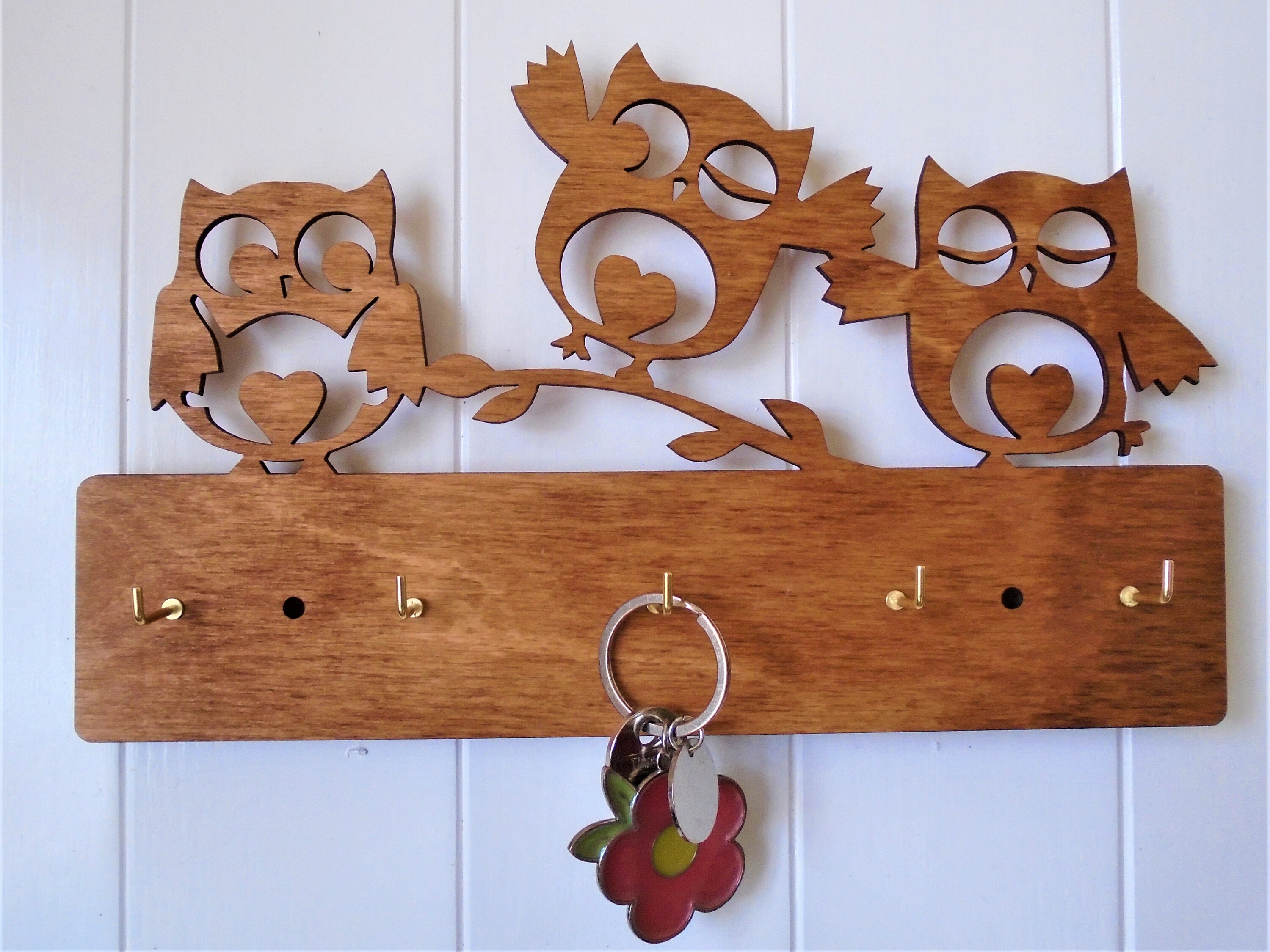 Cute Owl Wooden Key Holder Rack Keys Wall Mounted 5 Hooks Love Etsy