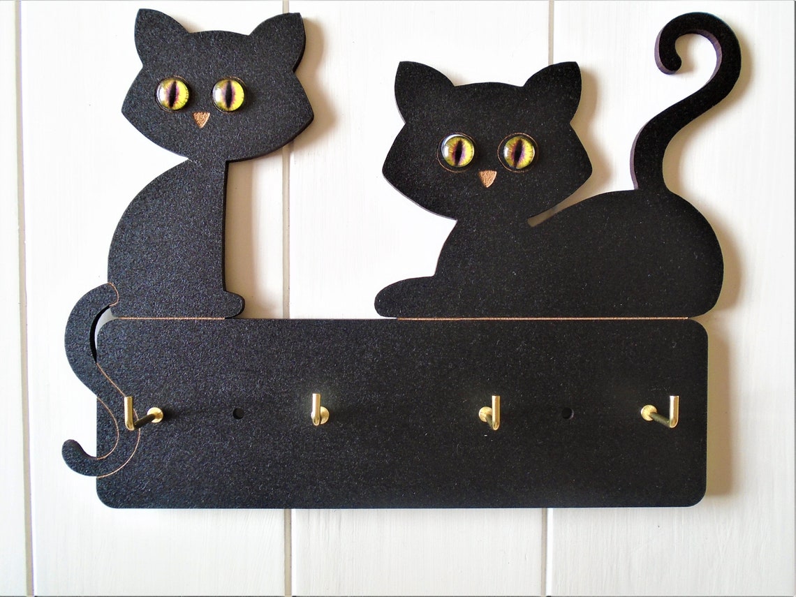 Black Cat Key Holder Wooden 4 Hooks Included Ideal New Home Etsy UK