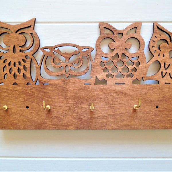 Wooden Owl key holder- laser cut complete with 5 hooks new home wedding birthday mothers day fathers day present gift owl