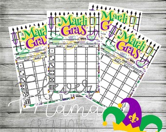 Mardi Gras Bunco Score Sheets, Mardi Gras Bunco Score Cards, Mardi Gras Bunco