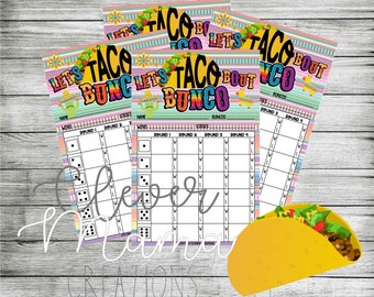 May include: Four printable scorecards for a "Let's Taco Bout Bunco" game. Each card has a colorful design with a taco and a cactus. The cards have spaces to record wins, losses, and buncos for four rounds.
