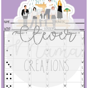May include: A printable game board for playing Bunco, featuring a purple background with a cartoon image of the Friends characters from the TV show. The title of the game is "The One Where We Play Bunco". The board includes spaces for recording wins and losses for each round of the game.