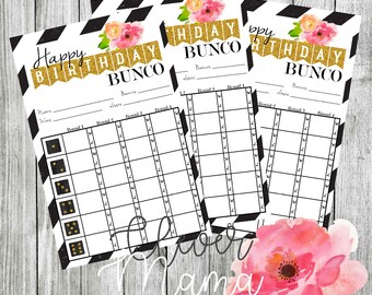 May include: Printable black and white birthday bunco scorecards with gold glitter accents and pink floral designs. The scorecards have spaces for names, wins, losses, buncos, and scores for each round.