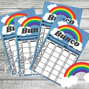 Feuilles de score rétro arc-en-ciel Bunco, cartes de score rétro arc-en-ciel Bunco, rétro arc-en-ciel Bunco