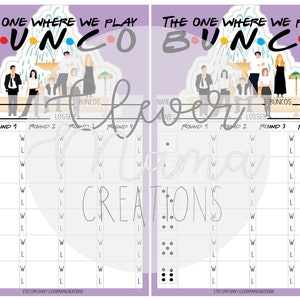 May include: A printable game board for playing Bunco, featuring a purple background and a graphic of the Friends TV show characters. The board includes spaces for names, wins, losses, and rounds 1 through 4.