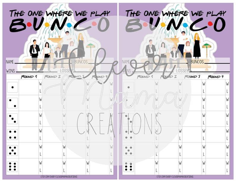 May include: A printable game board for playing Bunco, featuring a purple background and a graphic of the Friends TV show characters. The board includes spaces for names, wins, losses, and rounds 1 through 4.