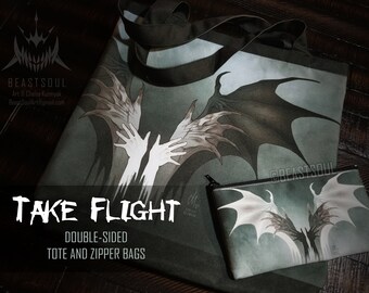 TAKE FLIGHT Horror Vampire Wing Double-Sided Tote and Zipper Bag