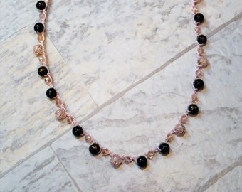 Pink Crystals Necklace - Bead Crochet - Bohemian Style - Gift for Mom - Date Night - Black Beads