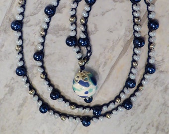 Blue Pearls Necklace - Bohemian Style - White Beads - Special Occasion - Bead Crochet